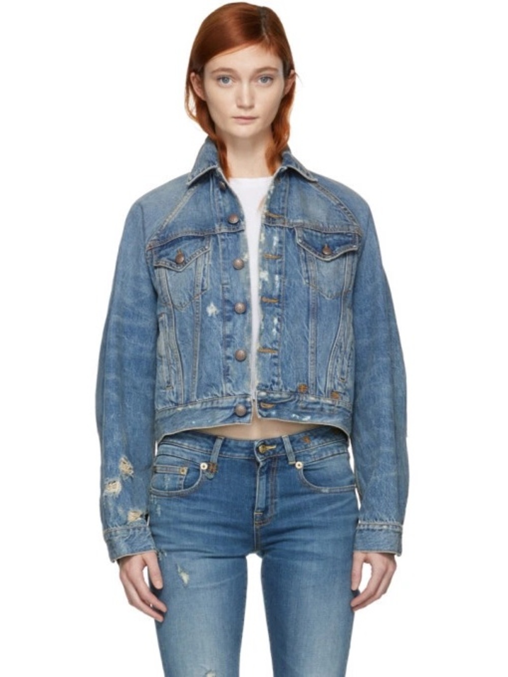 $798 R13 Women's Blue Distressed Denim Trucker Jean Oversized Raglan Large